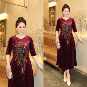 Đầm Đi Tiệc [Salu Store] Mã KC422 Lững + KC419  Dài Cổ Lượn Sóng Chất Vải Nhung Tuyết Đính Đá Cao Cấp Sang Trọng Từ 50kg Đến 75kg