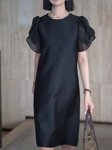 Elegant plus Size Summer Dress with Bubble Sleeves round Neck Black A-Line Korean Style Commute Fashion Frock for plus Size Women