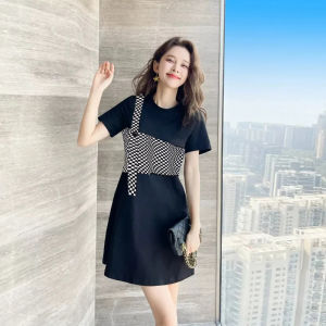 ELF TRIBE Cotton Color Blocking Shirt Dress for Women Hepburn Style Round Neck Short Sleeve Black Dresses