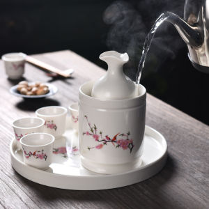 Ceramic Wine Cups And Warmer Pot Set for White And Yellow Wine Traditional Chinese Style Pure Color Retro Design Home Use Gift