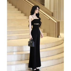 Elegant Black One-Piece Suit Womens Design Unique Strap High Waist Wide Leg Pants Slimming Long Pants Commute Style Polyester Fiber