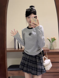 Long Sleeve T-Shirt Letter Print round Neck Binding Waist Short Style Autumn Base Top for Women Creative Cotton Polyester Blend