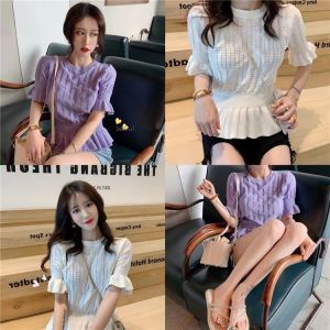 เสื้อไหมพรมแขนสั้น เสื้อคอกลม เสื้อครอป แขนระบาย