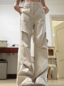 High Waist Rivet Workwear Pants Womens Quick Dry Floor Length Casual Straight Leg Wide Leg Pants Spring Autumn New Style