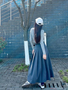 Grey High Waist A-Line Midi Skirt Womens plus Size Pear Shape Slimming Half Body Skirt Autumn New Style Polyester Fiber