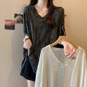 Plus Size Women's T-Shirt: V-Neck Short Sleeve Loose Fit Slimming Unique Top Super Cute for Heavy Girls Summer Fashion