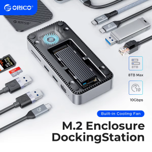 ORICO USB C Display Hub 10Gbps with Cooling Fan M.2 NVMe SATA SSD Enclosure HDMI RJ45 SD/TF Docking Station for Gamers