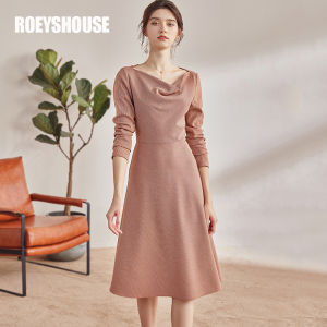 Roey s house | Elegant Grid Draped Neck Dress Fall Graceful