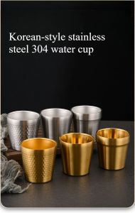 Korean-style 304 Stainless Steel Double-layer Golden Drinking Cup for Barbecue Restaurant Beer Cup Tea Cup Beverage Cup
