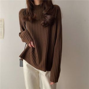 IELGY Lazy style semi high neck loose thin knit sweater top for women