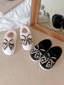 XIXITIAO Fairy Style Heart Bow Warm Plush Cotton Slippers for Women Winter Internet Celebrity New Home Casual Soft Sole Maternity Shoes