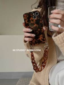 Premium Amber Tortoiseshell Leopard Print Mobile Phone Case with Handheld Strap Full Cover Soft Shell Creative Unique Design for  15Pro Max