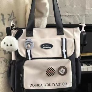 Japanese Style Canvas Tote Bag Student Tutoring Bag Large Capacity Class Bag for Girls Sweet School Style Double Zipper