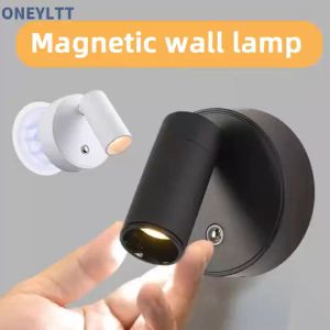 Mini Rechargeable Wall Light Black White Simple Three Color Adjustable Bedroom Bathroom Doorway LED Wireless Magnetic Spotlight