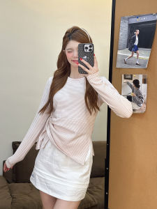 Korean Style Striped Long Sleeve T-Shirt Womens Elegant Personality Asymmetrical Hemline Split Base Top Comfortable Cotton Blend