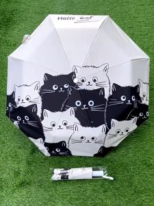 Automatic Folding Umbrella Cartoon Cat Print Portable Rain And Sun Dual-Use Umbrella Folding Black Coating Anti UV