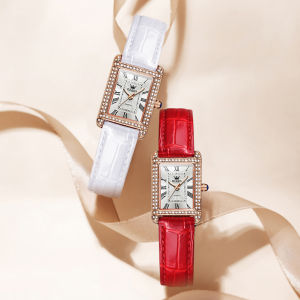 OLEVS Swiss Certified Brand Watch For Women Waterproof Square Diamond Dial Original Elegent Charm Premium Red/White