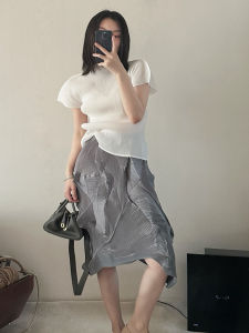 TVTV Lazy Artist~ Folded Toothpick Fine Fold Short Sleeve Irregular Diamond Fold Grey Half Skirt Commute Style High Waist A-Line