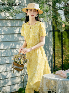 POEMLADY | Beach Vacation Lightweight Yellow Floral Dress Short Sleeves Chiffon