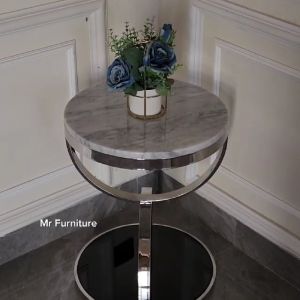 Meja Sudut Stainless Glossy Top Marmer Putih Carrara & Kaca Hitam