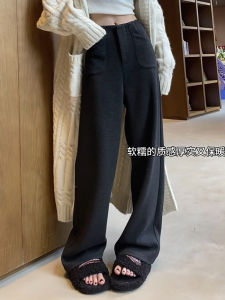 White Slim Wide Leg Pants Womens Fleece Lined Drapey High Waist Straight Cut Trousers Casual Wool Blend Autumn Winter Pants