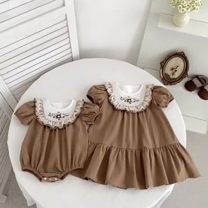2026 Summer 0-24M Baby Girl Embroidery Collar Bodysuit 2-6Yrs Kid Sweet Party Short Sleeves Dress Brown Sister Dress