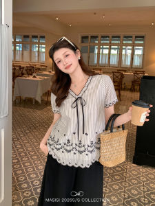 Slimming Belly Cover V-neck Embroidered Striped Lace Summer Top