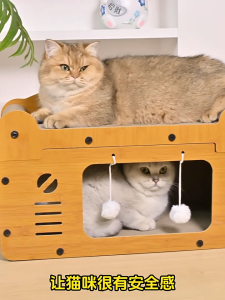 2 In 1 Cat Bed Extra-Large Cardboard Cat House & Scratcher Bed for Indoor Cats with Stable and Detachable Corrugated Board Scratcher Box 3 Layer Design