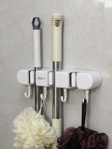 Mop Broom Holder with Hooks Wall Mount Heavy Duty Organizer Shelves for Broom Garden Tool Kitchenware Bathroom Mop Hanger Home Cleaning Supplies Storage Rack Self-adhesive Traceless Hook