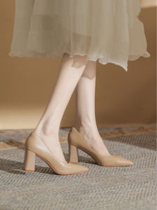 French Pointed Toe Nude Chunky Heel Womens Shoes 2025 Spring New Medium Heel Single Shoes Bridesmaid Work Shoes Women