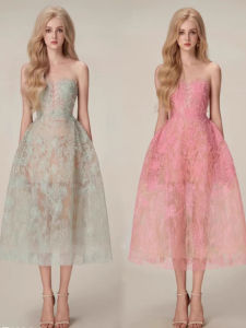 Light luxury niche lace dress designer three-dimensional flower sequin perspective heavy industry strapless dress 1664