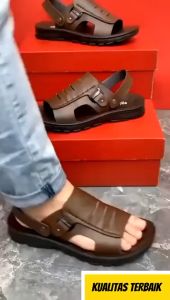 SANDAL KULIT PRIA IMPORT KHAMZO K08 SANDAL HIKING OUTDOOR SLOP HITAM