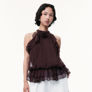 TAMMY TANGS | Coffee Brown 3D Rose Flowy Ruffled Sleeveless Halter Chiffon Shirt