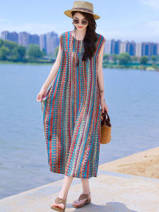 Summer 2025 Beach Vacation Cotton Silk Dress Floral Print Ultra Soft V-Neck Midi Skirt Sleeveless New Arrival Trendy Beachy Style