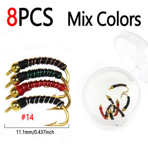 Bimoo 8pcs #14 Brass Bead Head Midges Chironomids Fly Artificial Copper Wire Insect Bait For Trout Bass Grayling Fishing Lures