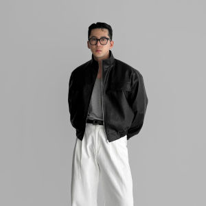 DAVID&ME | Cotton Padded Short Leather Jacket Mens Black Stylish Fashion Autumn Spring