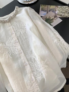 YUFUQING | New Chinese Style Retro Embroidered Shirt Womens Heavy Design Sensation White Round Neck Open Cardigan Top Fashion Commute Loose Fit High Waist Long Pants Summer Thin Model Single Button Pure Color