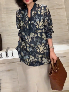 QINGNAER | Vintage Floral Print Loose Fit Womens Shirt 2025 Spring New Arrival