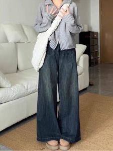 กางเกงยีนส์ทรงหลวมเอวสูงทรงตรงขาบานสไตล์อเมริกันย้อนยุคสำหรับผู้หญิงไซส์ใหญ่ กางเกงยีนส์ทรงหลวมทรงตรงสำหรับผู้หญิง