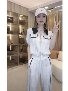 Fashionable Sportswear Set for Women Summer 2025 New Style Age-defying Turn-down Collar Patchwork Short Sleeve Two-piece Set