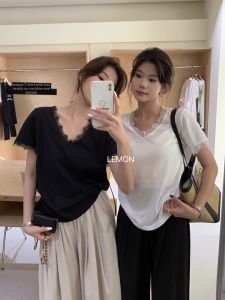HUOLISI | French Style Lace Trim V-Neck Short Sleeve T-Shirt Women
