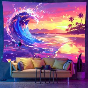 VIKAMA Neon Wave Sunset Palm Wall Tapestry Pink Purple Glow Ocean Surf Beach Tree Tropical Psychedelic Summer Decor Indoor Art