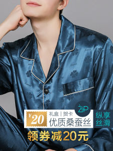 Mens Silk Pajamas Long Sleeve Spring Autumn Season True Silk Printed Home Clothes Set Ice Silk Sleepwear with Small Collar