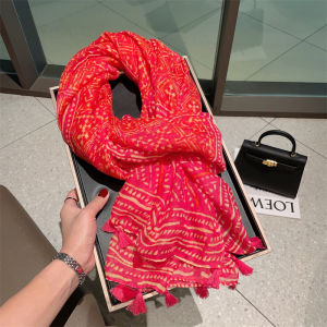 Red Ethnic Style Silk Scarf for Women Perfect for Summer Travel Beach Sun Protection Large Pashmina Shawl Thin Cotton Linen Wrap