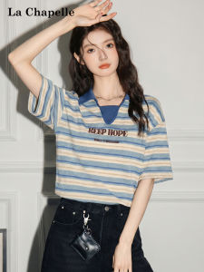 La Chapelle | Letter Embroidery Stripe Design Womens Polo Shirt