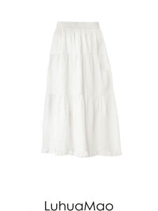 กระโปรงทรงเอเอวสูงสีขาว กระโปรงทรงร่มกระโปรงยาวคลุมเข่าทรงเอสำหรับผู้หญิง ฤดูใบไม้ผลิและฤดูใบไม้ร่วง กระโปรงทรงเอสำหรับผู้หญิง