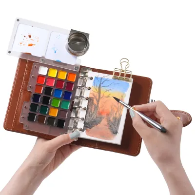 Fuumuui Travel Watercolour Set 24 Colors PU Leather Watercolour Paint Set with 20 Sheets Cotton Watercolour Paper Dual-Tip Travel Brush with Graphite Tip Metal Clip for Artists Painters Students
