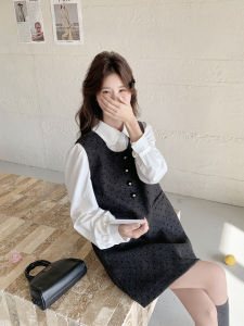 Sweet Doll Collar Base Shirt Womens Vest Dress Two-Piece Set Spring New Style Korean Style Bubble Sleeve Polka Dot Print