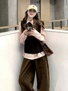 YUEZHONGWEI | Korean Style Early Autumn Wear Womens Set Knit Sweater Vest with Pink Shirt