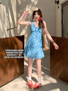 Blue V-Neck Floral Sleeveless Fitted Short Dress